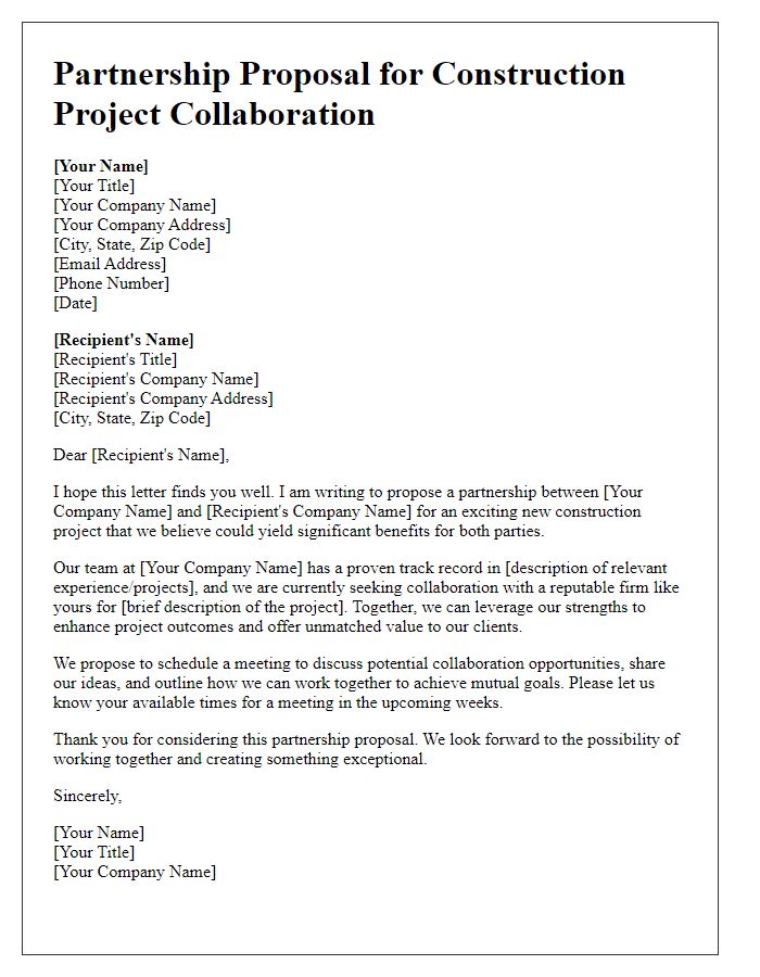 Letter template of partnership proposal for construction project collaboration