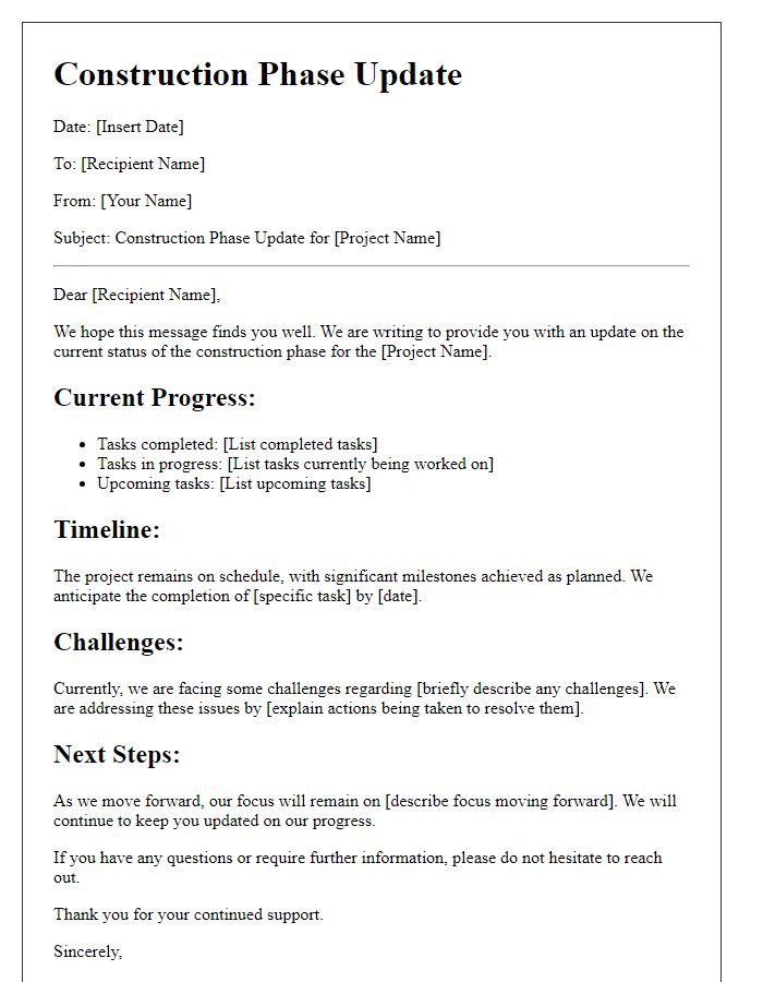 Letter template of construction phase update