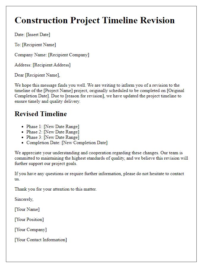 Letter template of construction project timeline revision