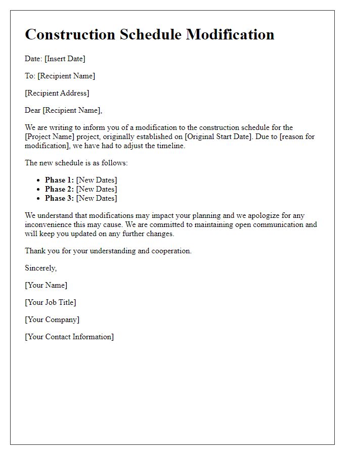 Letter template of construction schedule modification