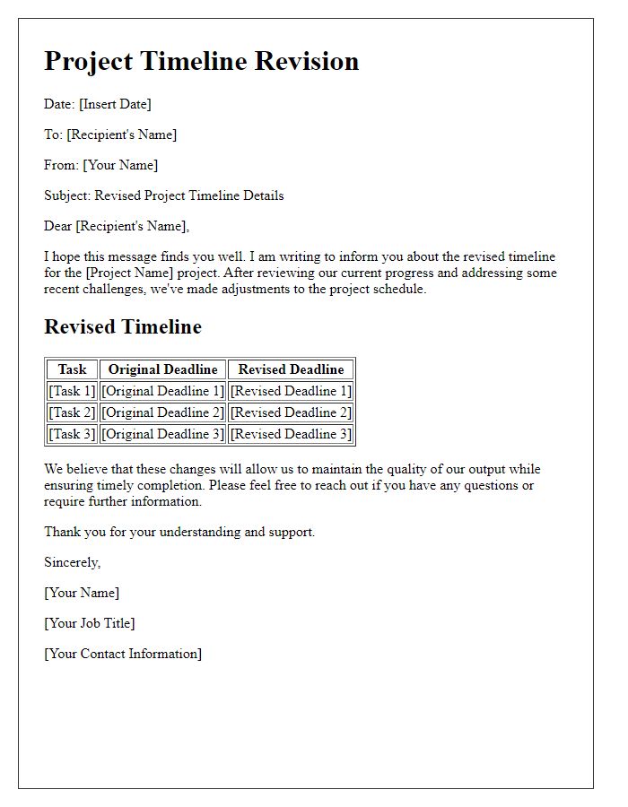 Letter template of revised project timeline details