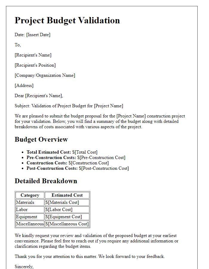 Letter template of project budget validation for construction