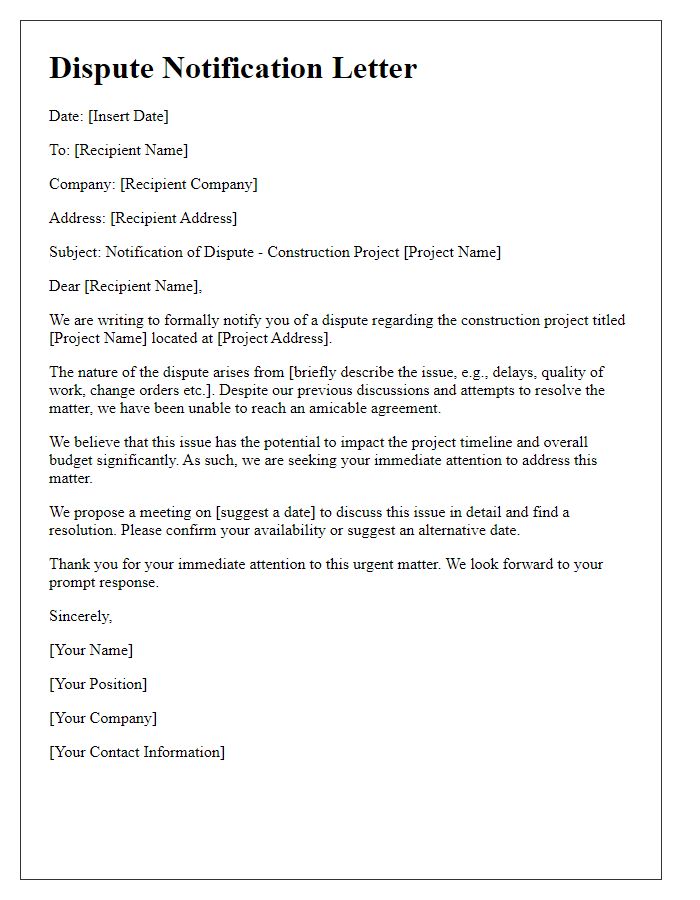 Letter template of construction project dispute notification