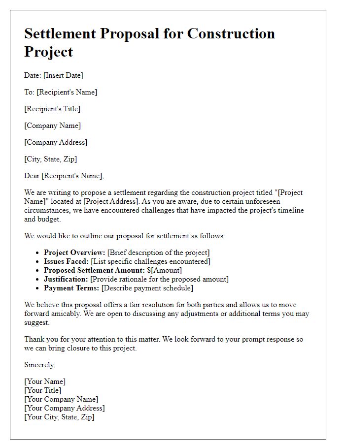 Letter template of construction project settlement proposal