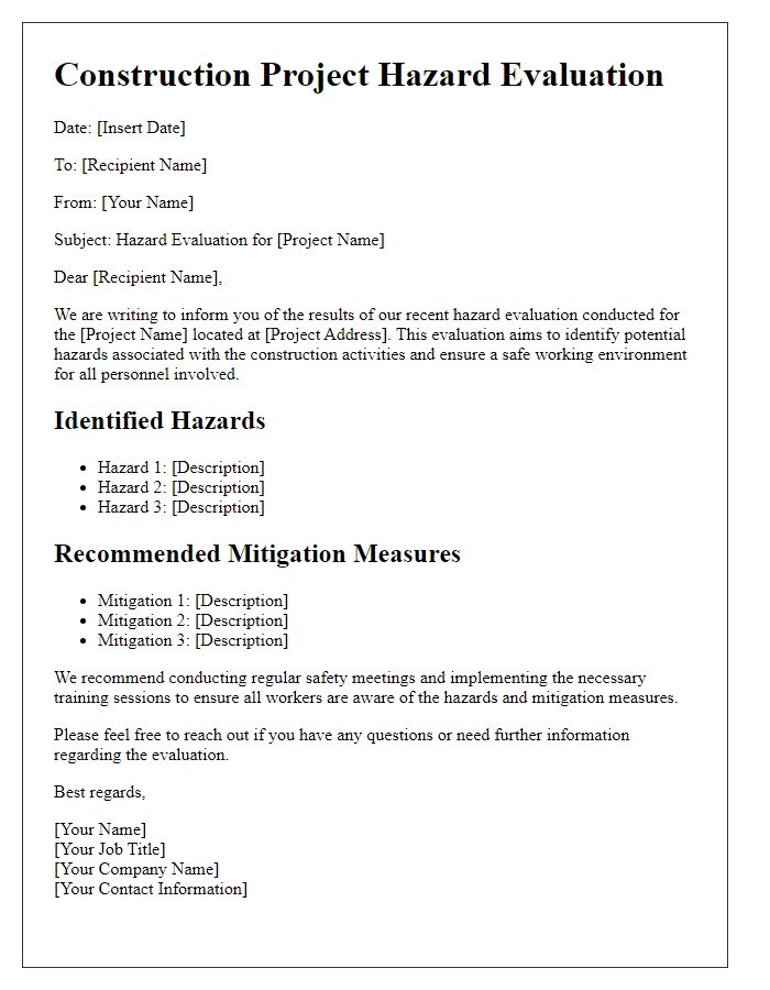 Letter template of construction project hazard evaluation