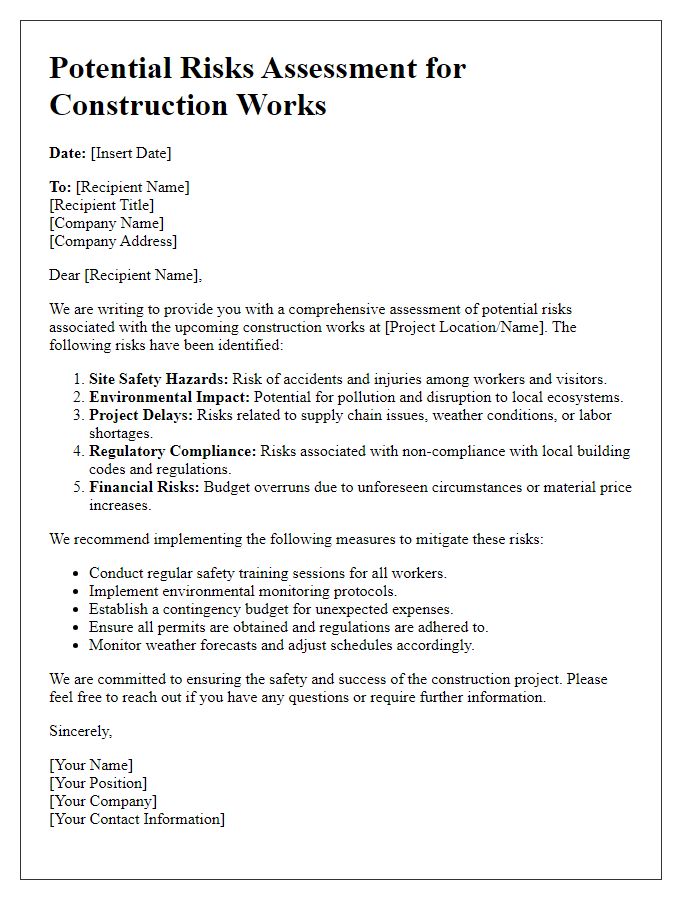 Letter template of potential risks assessment for construction works