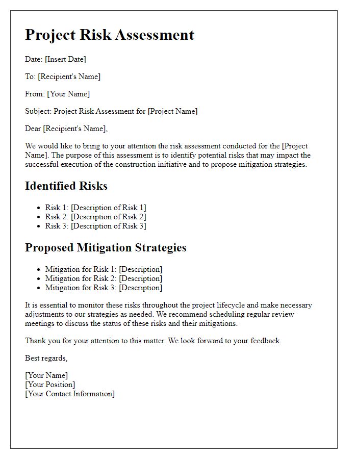 Letter template of project risk assessment for construction initiatives