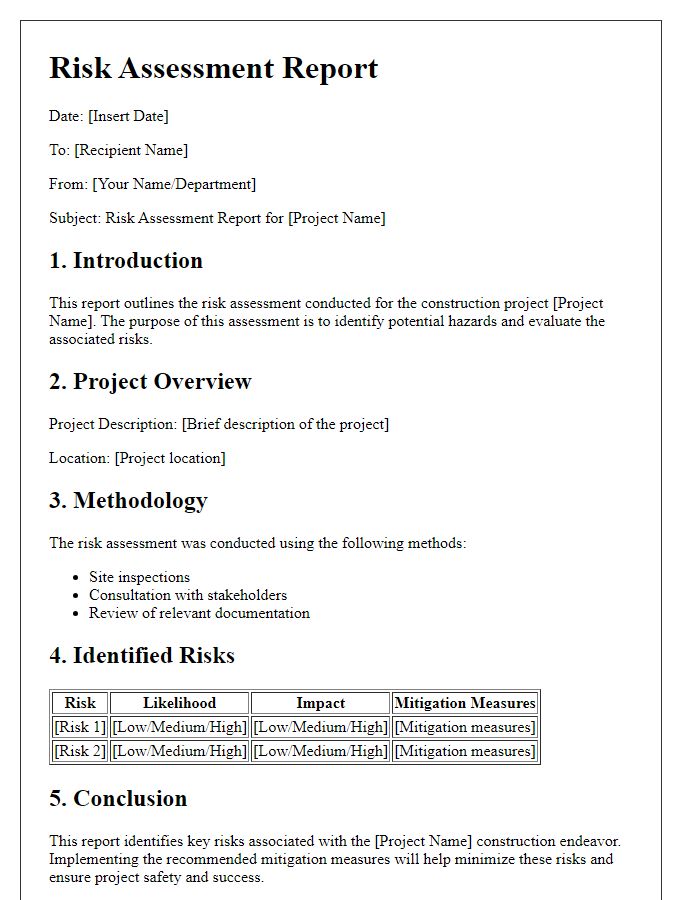 Letter template of risk assessment report for construction endeavors