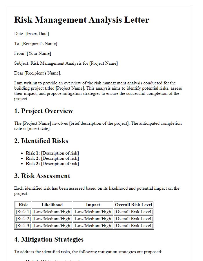 Letter template of risk management analysis for building projects