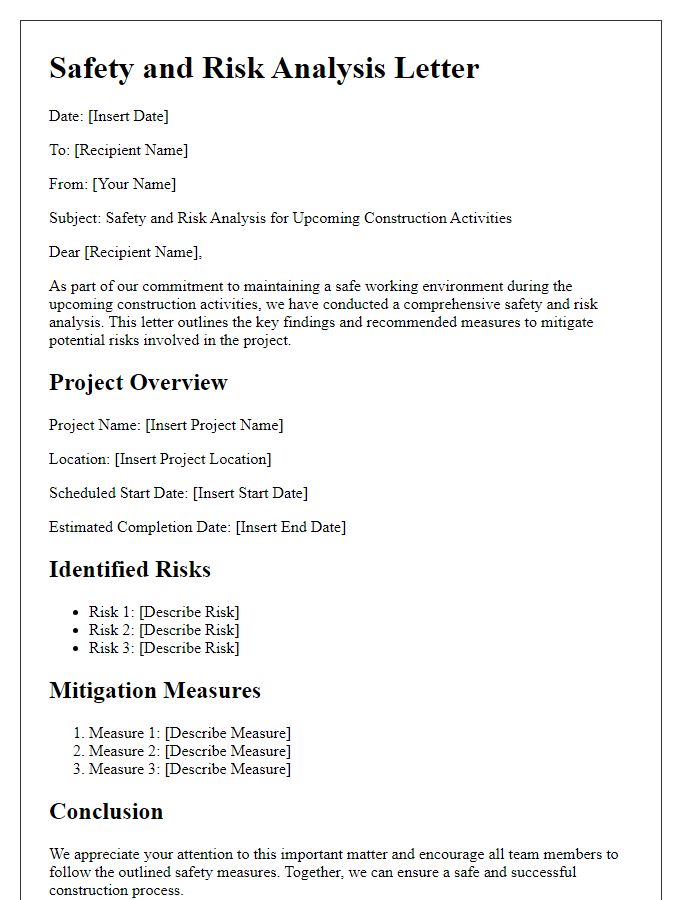 Letter template of safety and risk analysis for construction activities