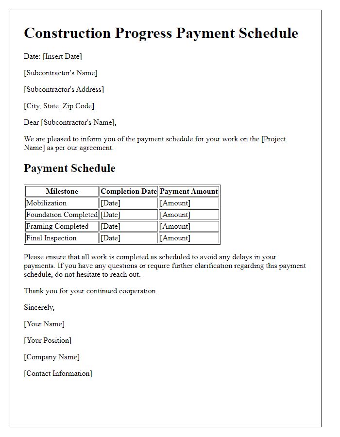 Letter template of construction progress payment schedule for subcontractors