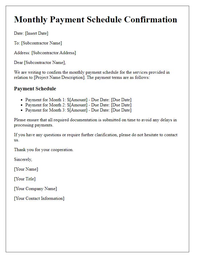 Letter template of monthly payment schedule confirmation for subcontractors