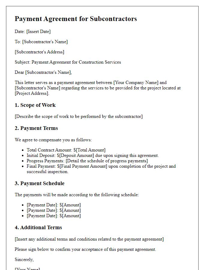 Letter template of payment agreement for subcontractors in construction