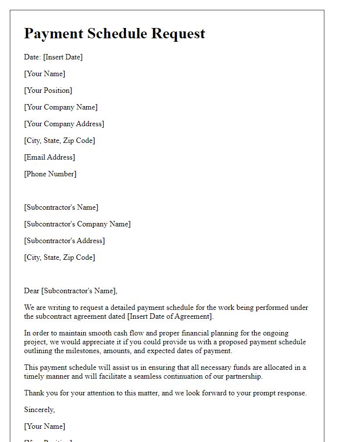 Letter template of payment schedule request for construction subcontractors