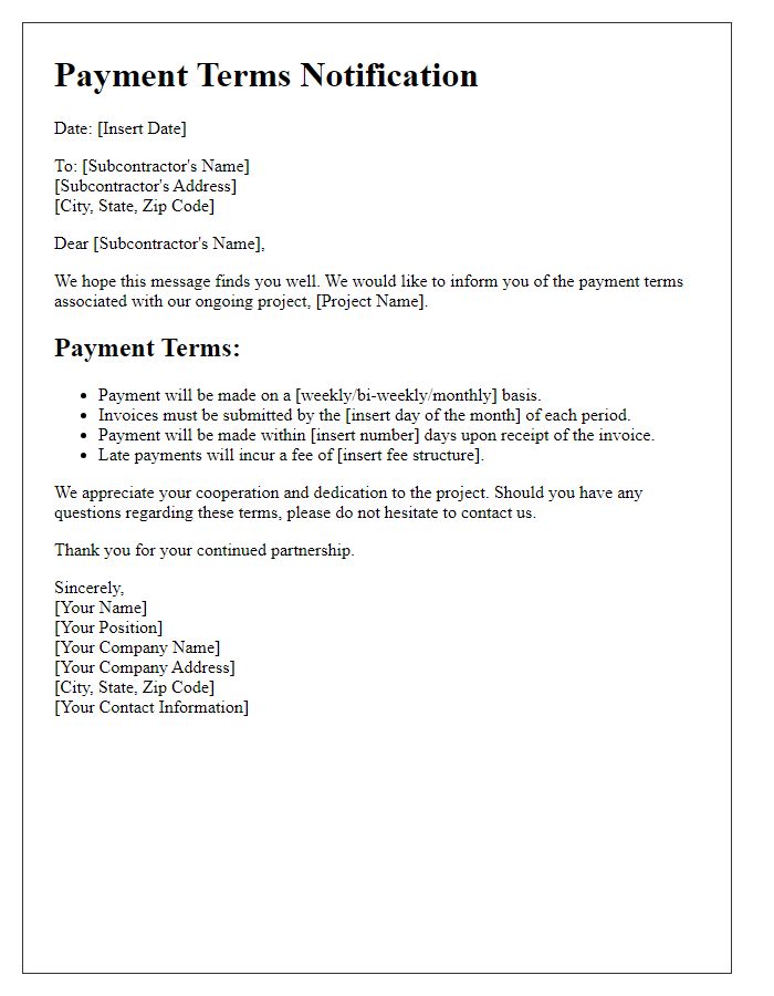 Letter template of payment terms notification for subcontractors