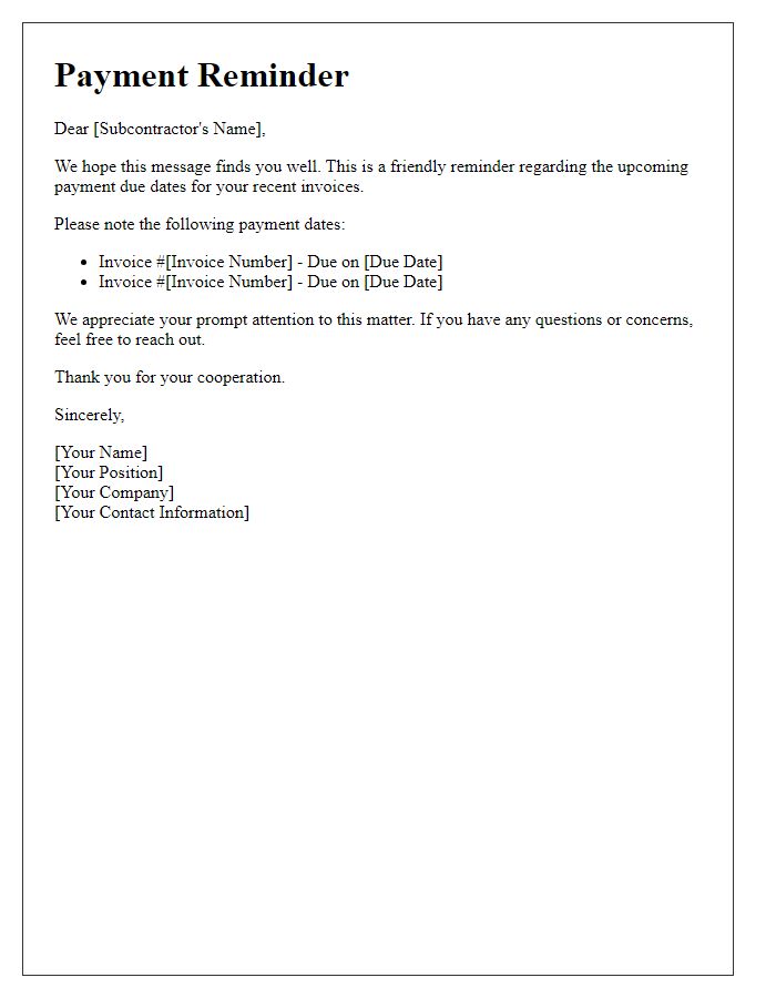 Letter template of reminder for subcontractor payment dates