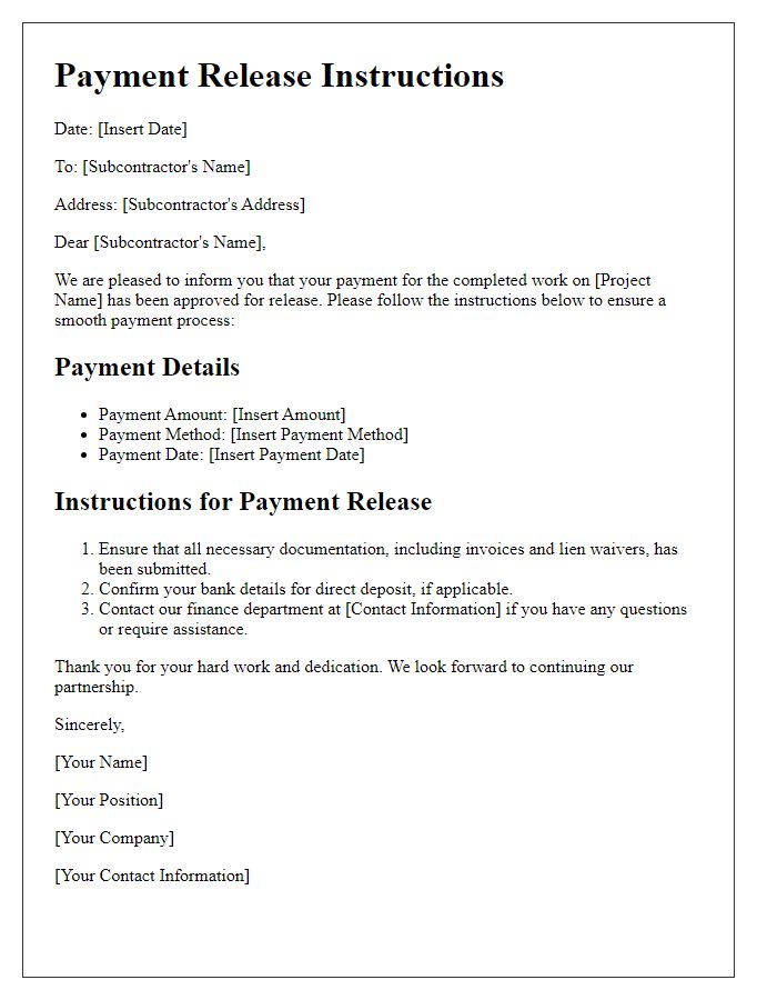 Letter template of subcontractor payment release instructions