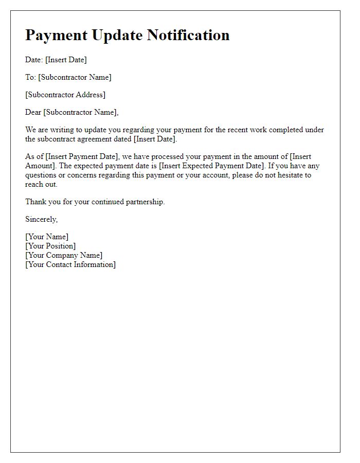 Letter template of subcontractor payment update notification