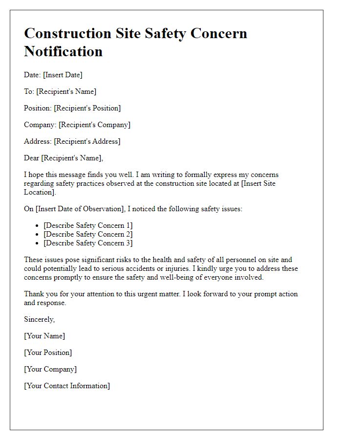 Letter template of construction site safety concern notification