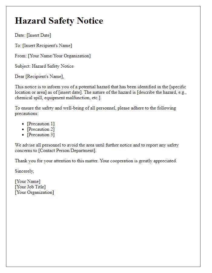 Letter template of hazard safety notice