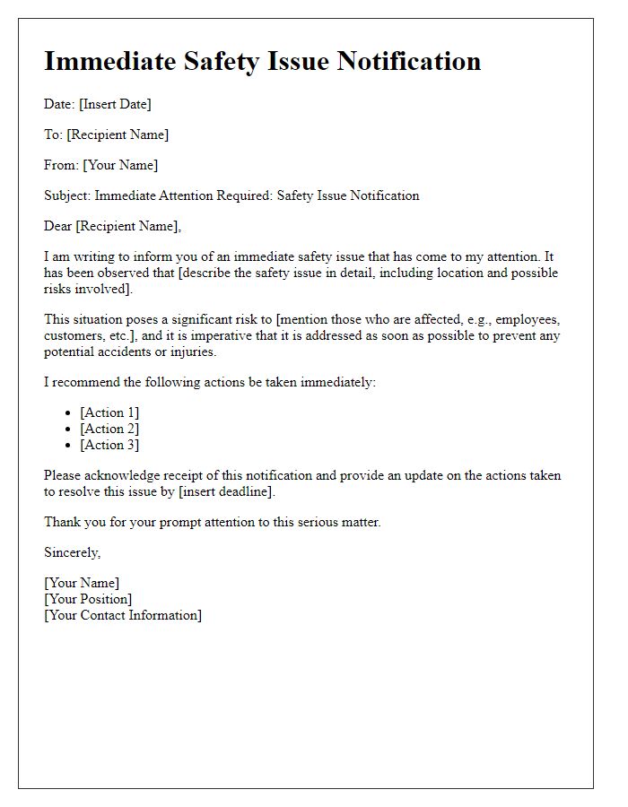 Letter template of immediate safety issue notification