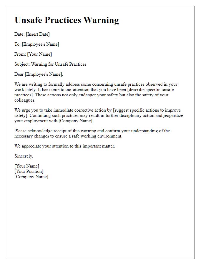 Letter template of unsafe practices warning