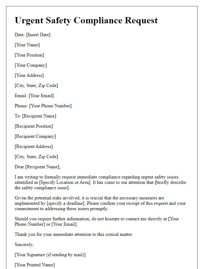 Letter template of urgent safety compliance request