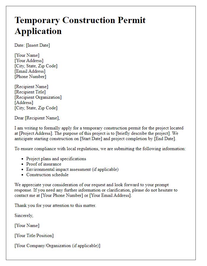 Letter template of temporary construction permit application