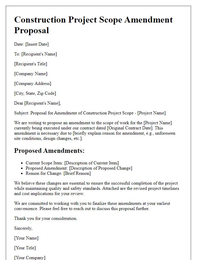 Letter template of construction project scope amendment proposal