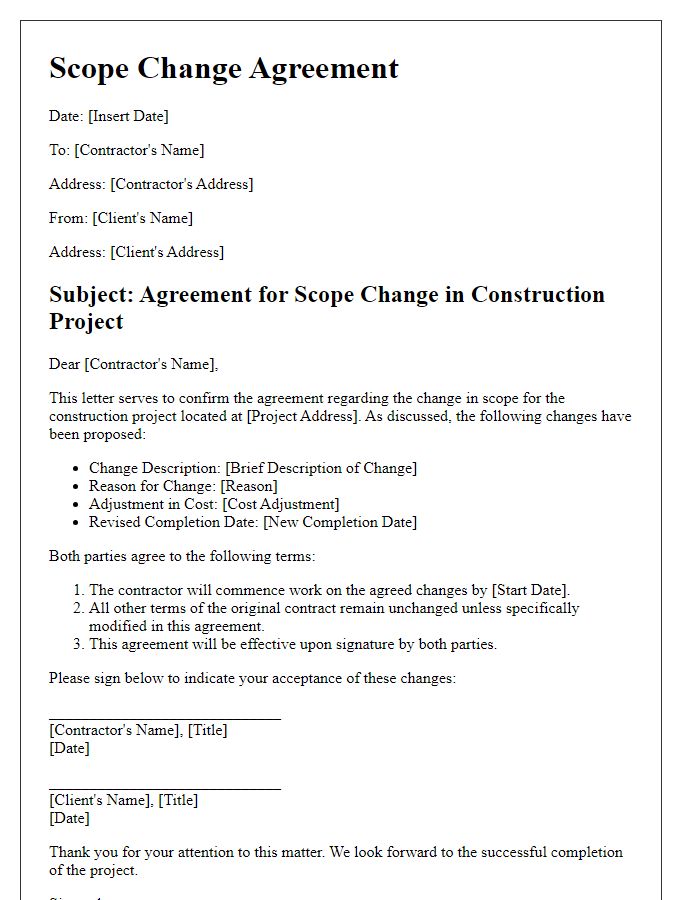 Letter template of construction project scope change agreement