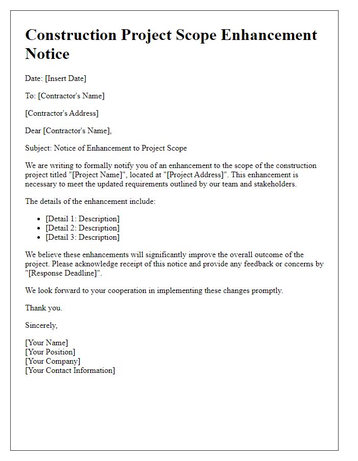 Letter template of construction project scope enhancement notice