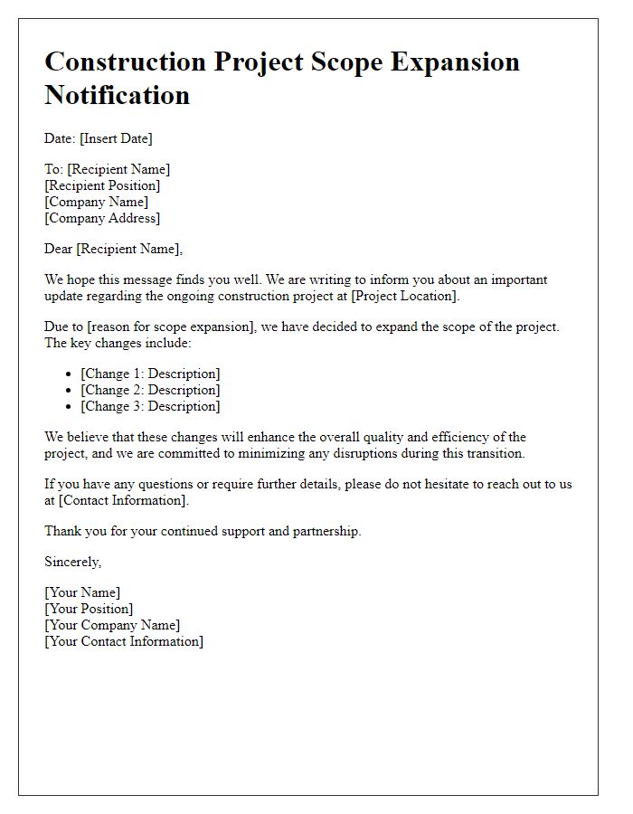 Letter template of construction project scope expansion communication