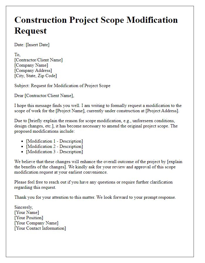 Letter template of construction project scope modification request