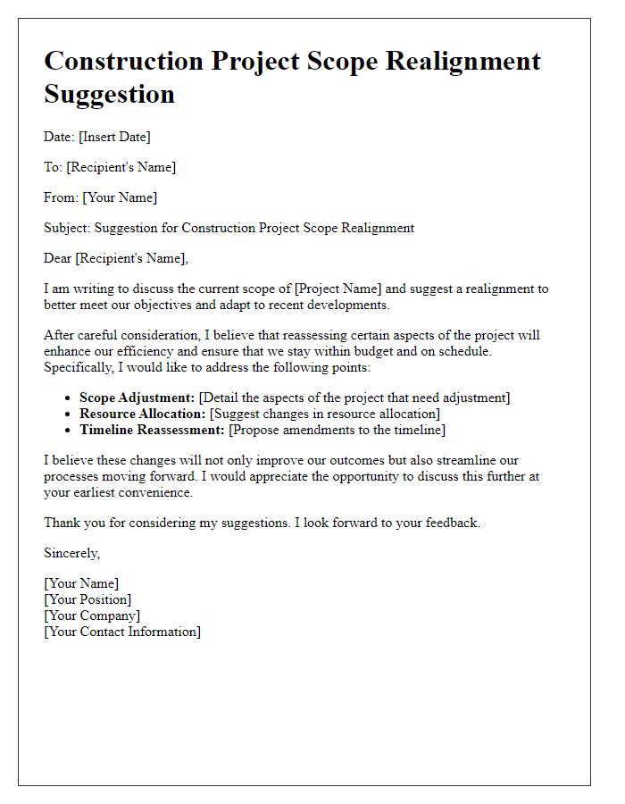 Letter template of construction project scope realignment suggestion