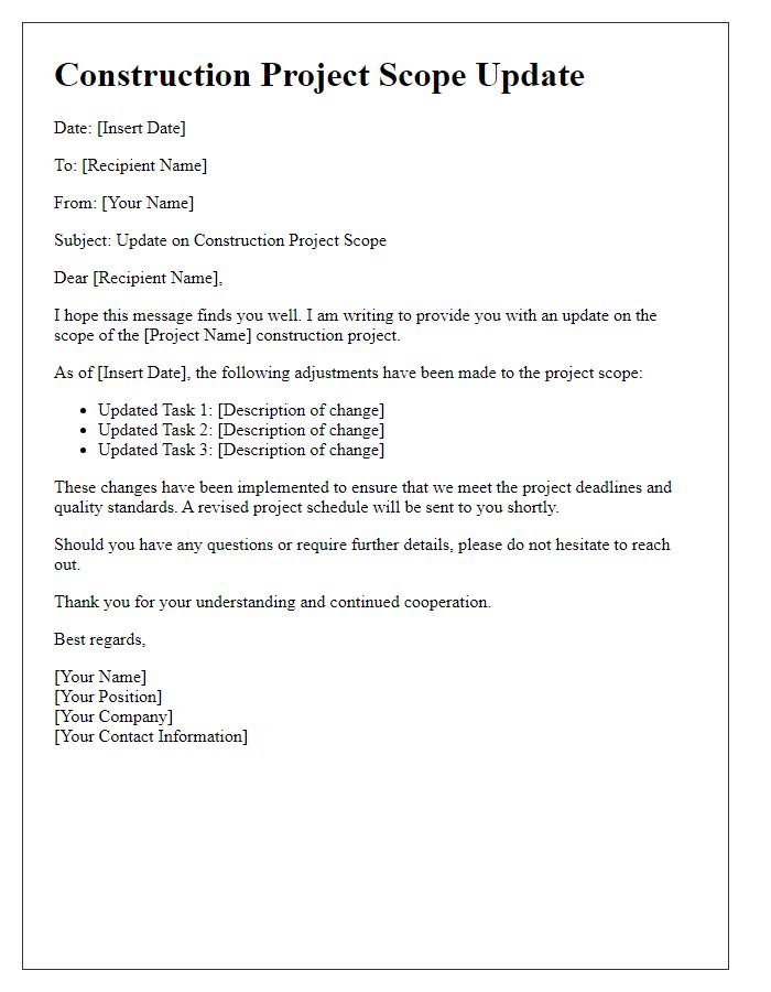 Letter template of construction project scope update correspondence