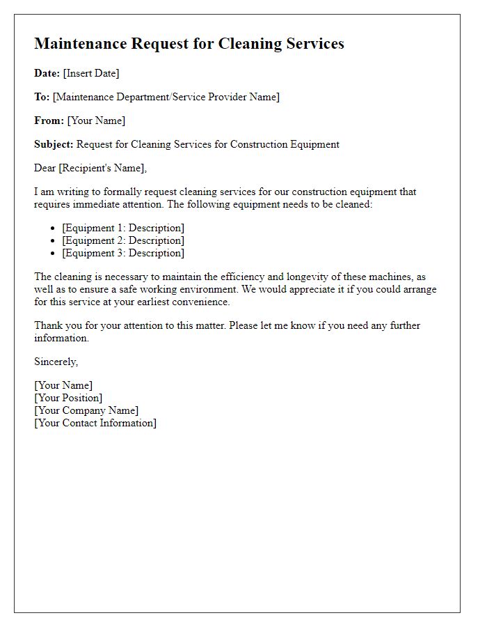 Letter template of construction equipment maintenance request for cleaning services