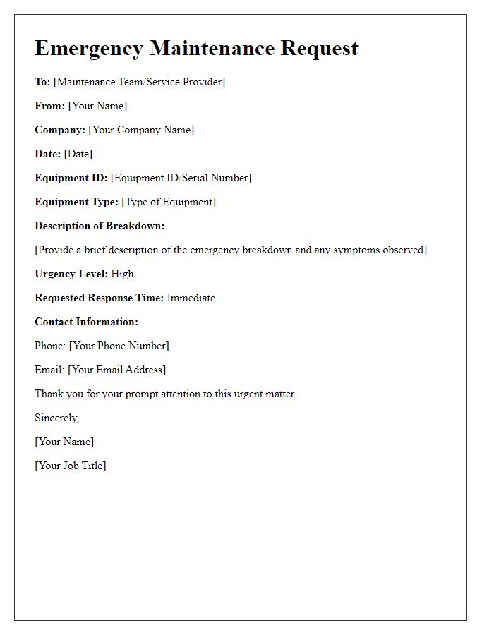 Letter template of construction equipment maintenance request for emergency breakdown