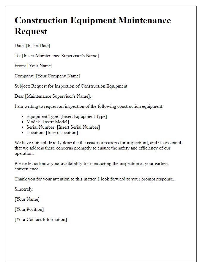 Letter template of construction equipment maintenance request for inspection