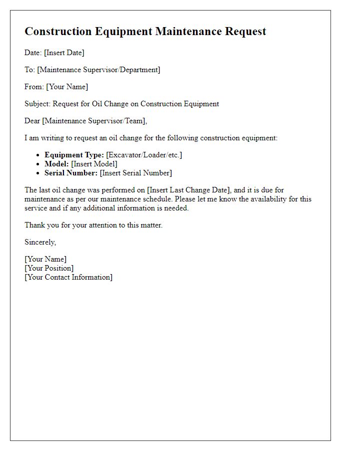 Letter template of construction equipment maintenance request for oil change