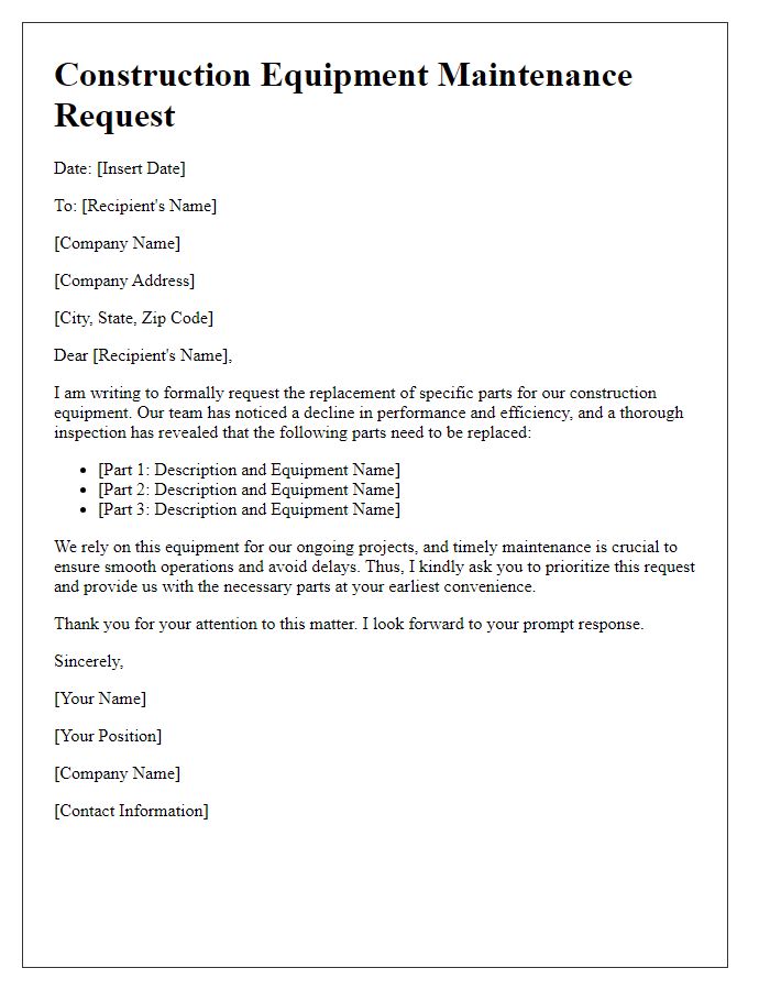 Letter template of construction equipment maintenance request for parts replacement