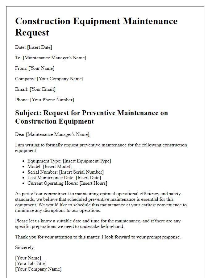 Letter template of construction equipment maintenance request for preventive maintenance