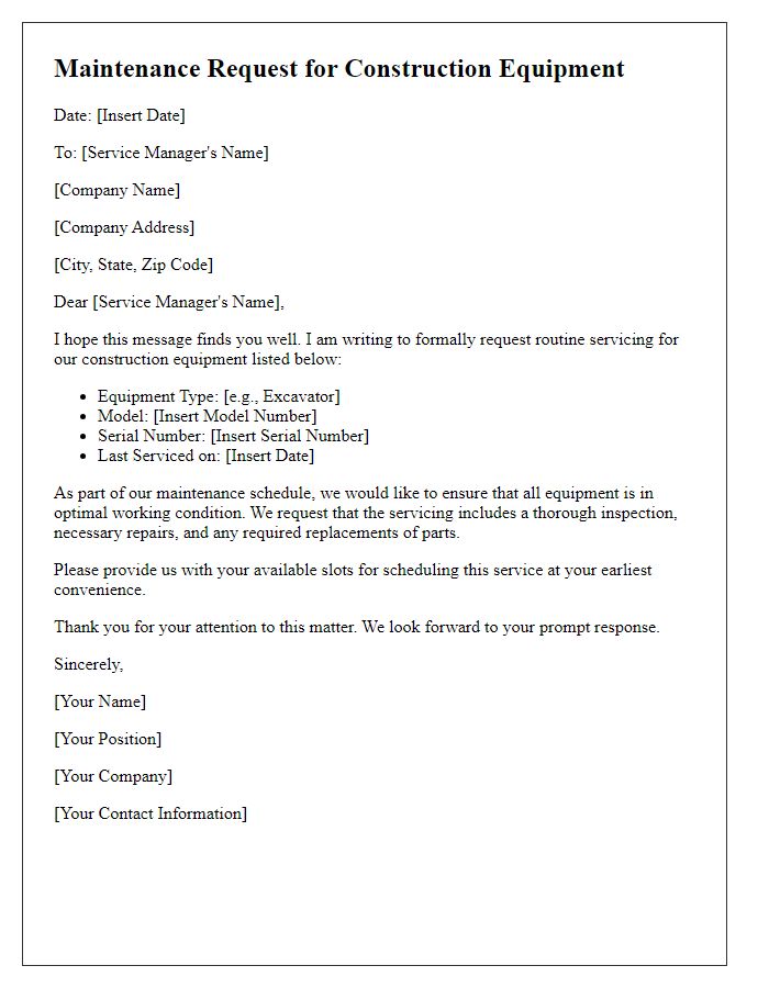 Letter template of construction equipment maintenance request for routine servicing