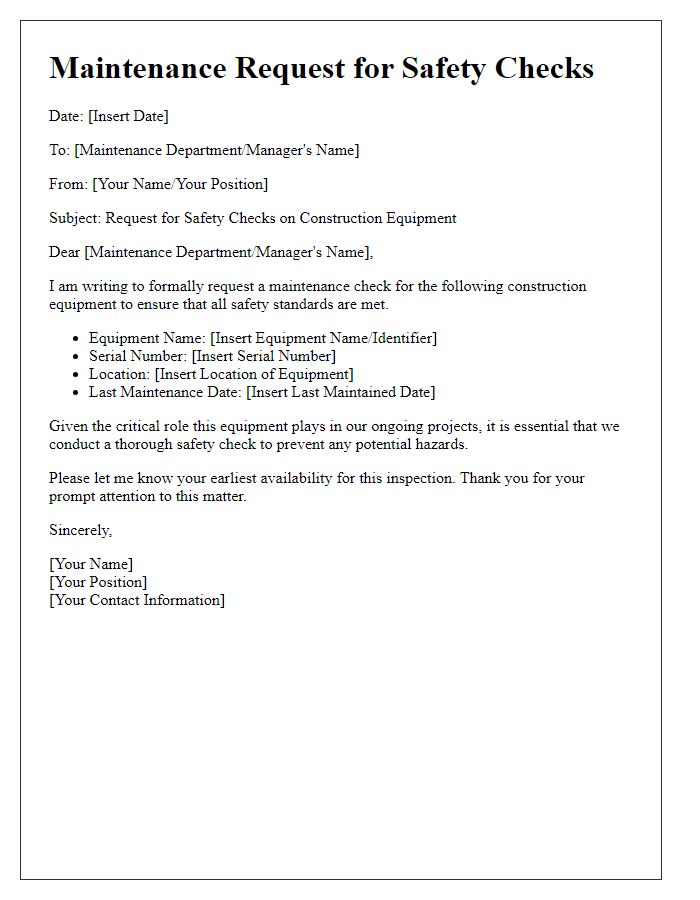 Letter template of construction equipment maintenance request for safety checks