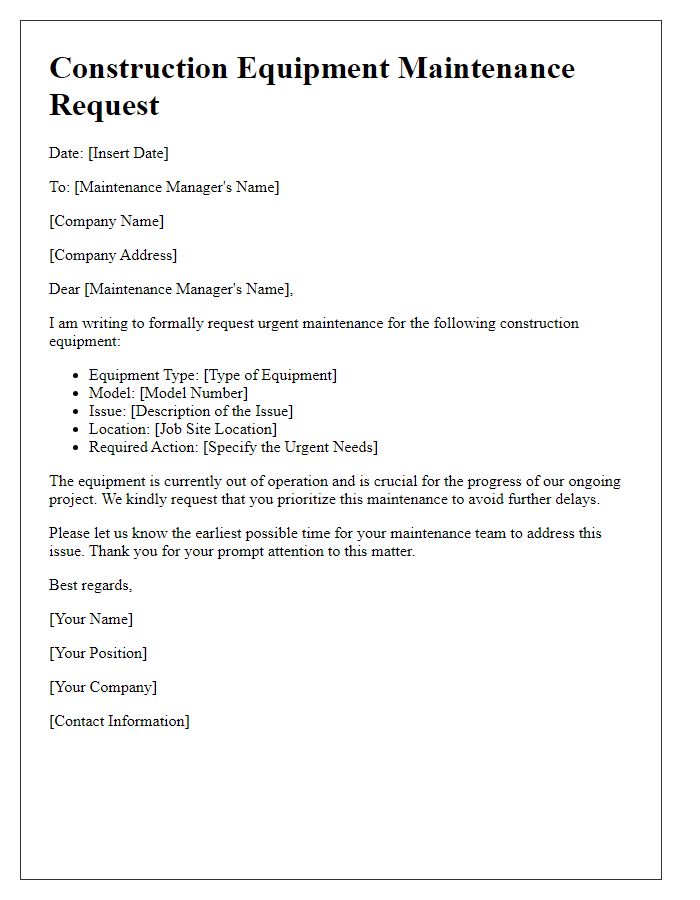 Letter template of construction equipment maintenance request for urgent repairs