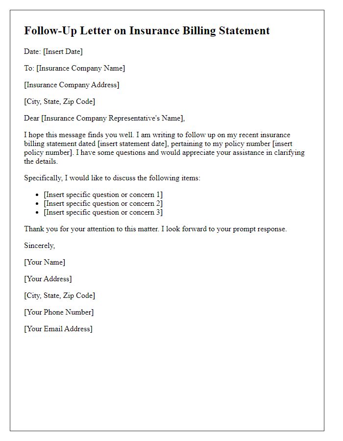 Letter template of follow-up on insurance billing statement