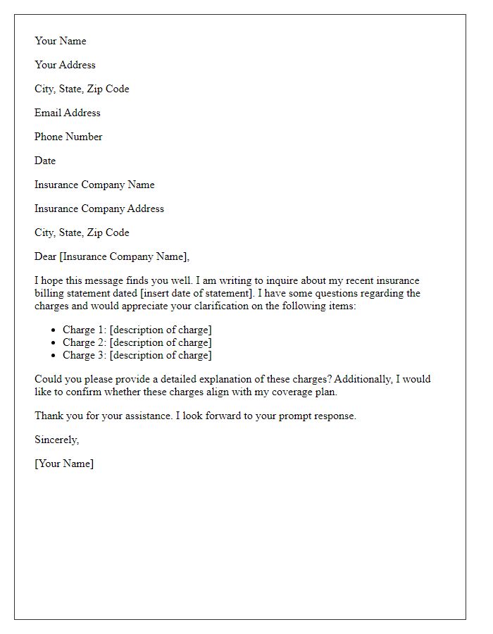 Letter template of insurance billing statement inquiry