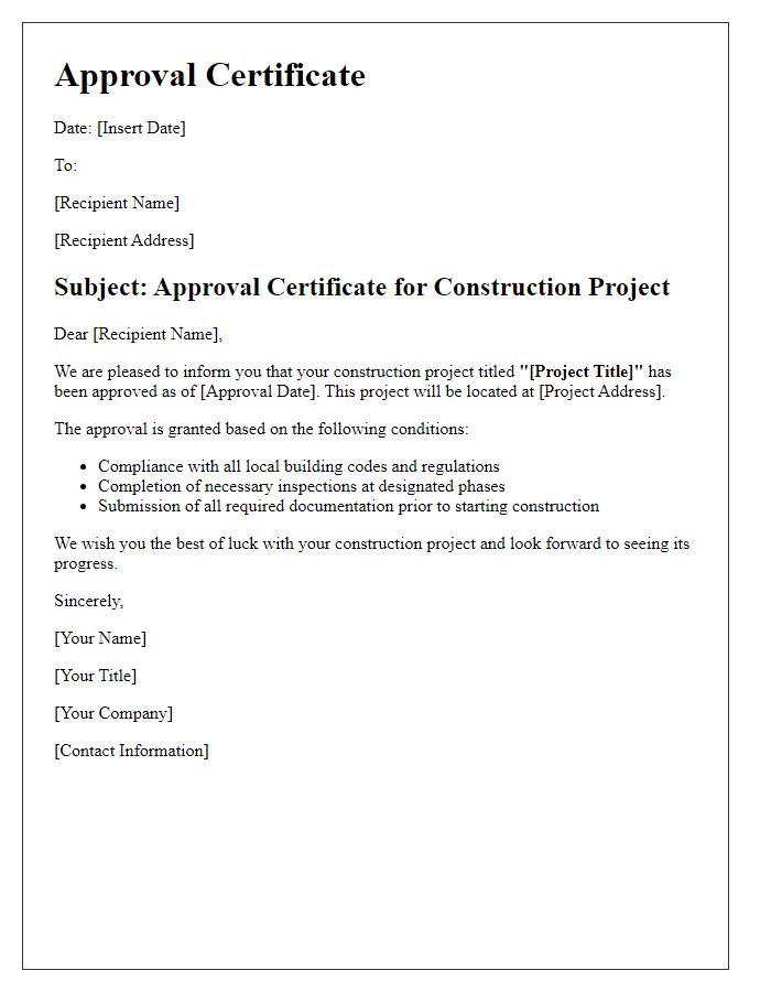 Letter template of Approval Certificate for Construction Project