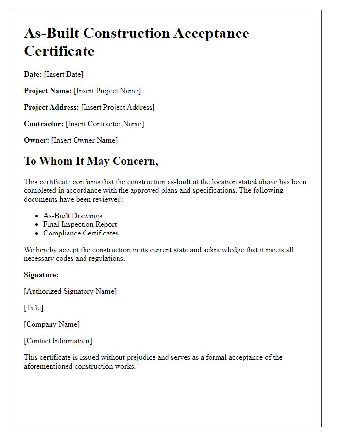 Letter template of As-Built Construction Acceptance Certificate