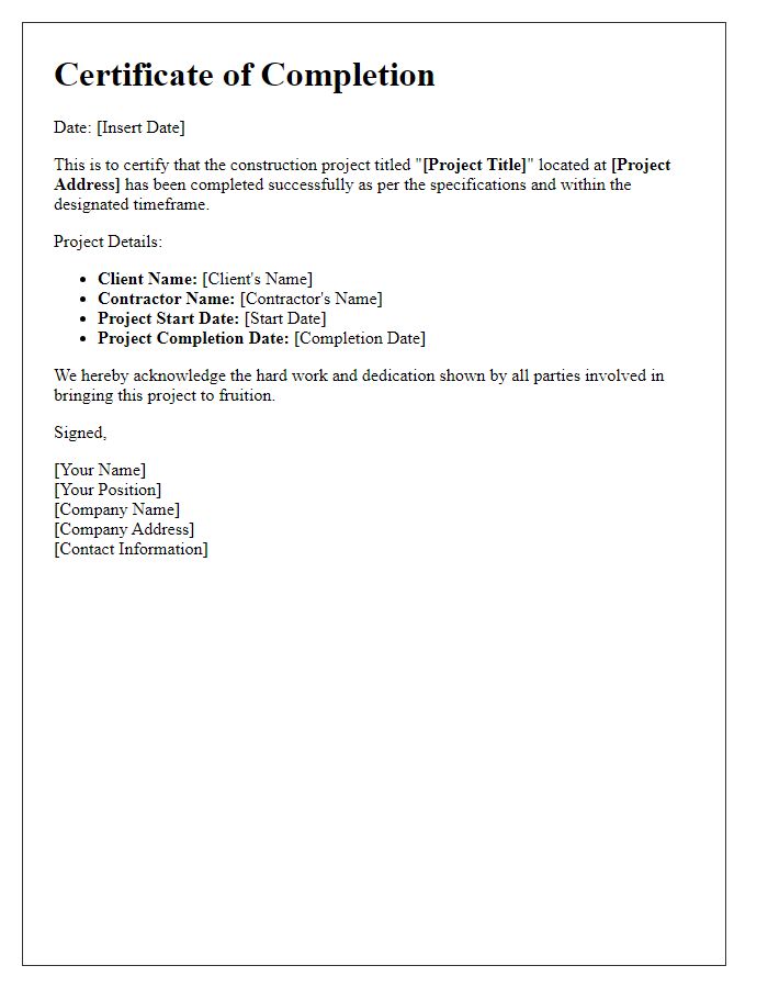 Letter template of Completion Certificate for Construction Project