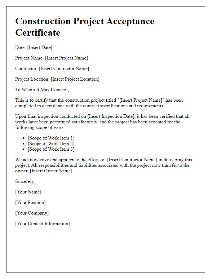 Letter template of Construction Project Acceptance Certificate